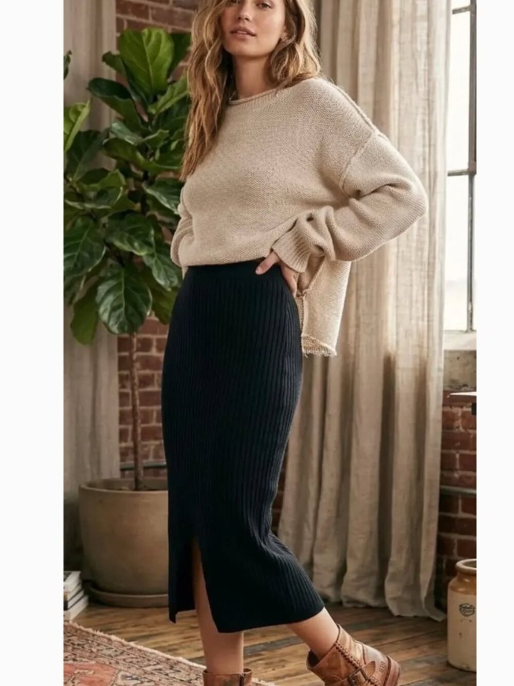 Free People Black Knit Midi Skirt | Ribbed Cotton Side Slit Size S